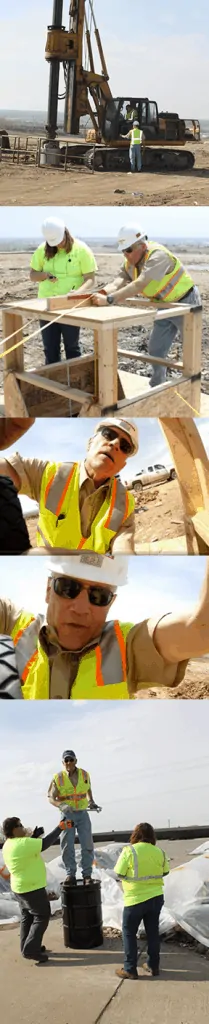 Field experiment photo series shows; drilling, framing, starting the cameras, lowering into the gas extraction well, and celebrating the successful test.