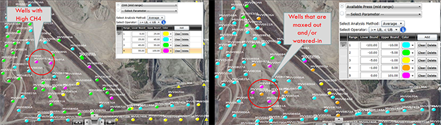 The Methane Range Map at left shows wells with high levels of methane and identifies areas that are being under-extracted. This information can be used to locate new wells or tune existing wells to increase capture. On the right, the Pressure Range Map looks for wells that may be blocked with liquid or may have collapsed, or that are possibly maxed out.