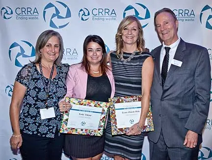 Pictured left to right are Julie Muir, former CRRA Board Member and current CRRA Advisor; honorees Leslie Lukacs and Tracie Onstad Bills of SCS,with John Dane, CRRA Executive Director. 