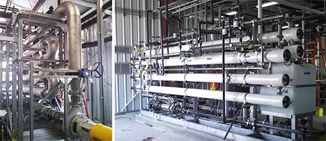 Pictured at left the Ultrafiltration unit, part of an innovative membrane technology filtration system. Pictured at right the Reverse Osmosis System.