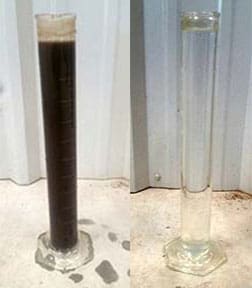 Before and after photos of landfill leachate from the County’s new leachate treatment plant, designed and permitted by SCS Engineers.