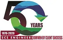 SCS Engineers' 50th Anniversary logo featuring the number 50 and decorative elements symbolizing environmental engineering and consulting