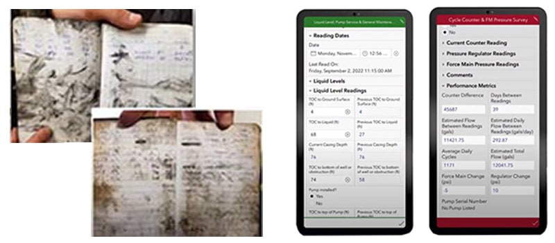 Comparison image showing traditional log books beside the SCS mobile app interface for landfill data management